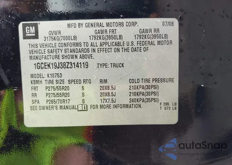 2008 Chevrolet Silverado 1500 Lt1 z USA, uszkodzony, nr VIN 1GCEK19J38Z314119